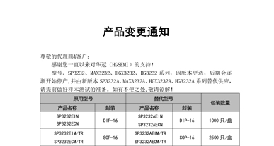 SP3232、MAX3232、HGX3232、HG3232系列替代  变更通知函